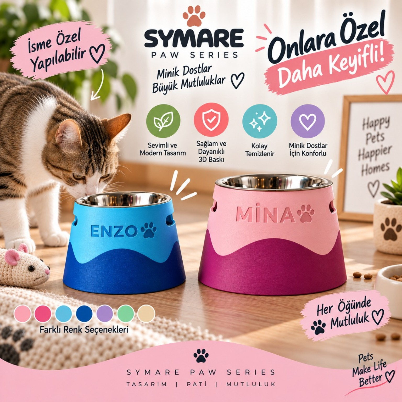 Enzo & Mina Yükseltilmiş Mama Kabı - SYMARE Paw Series
