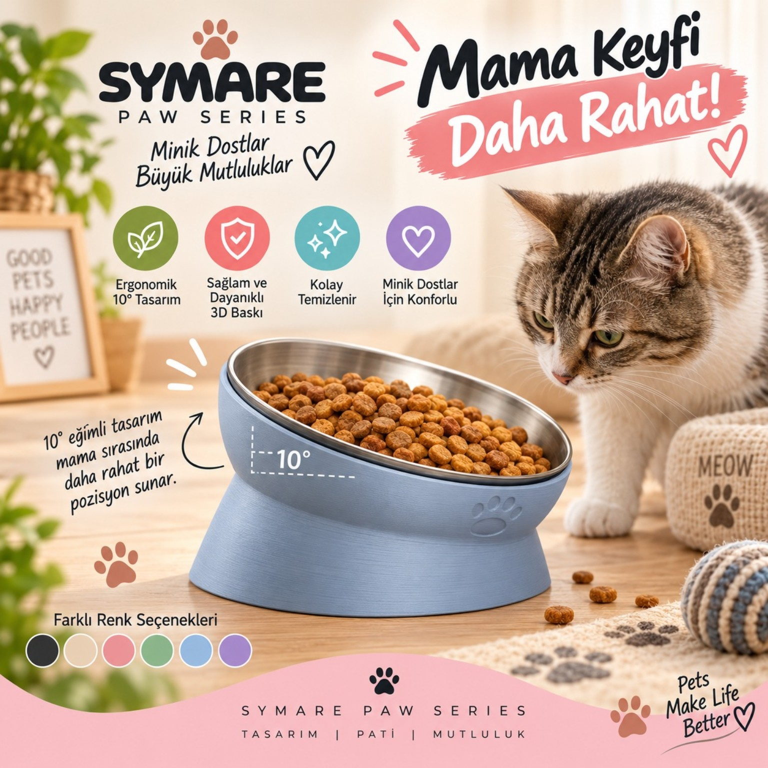 10° Eğilimli Ergonomik Mama Kabı - SYMARE Paw Series