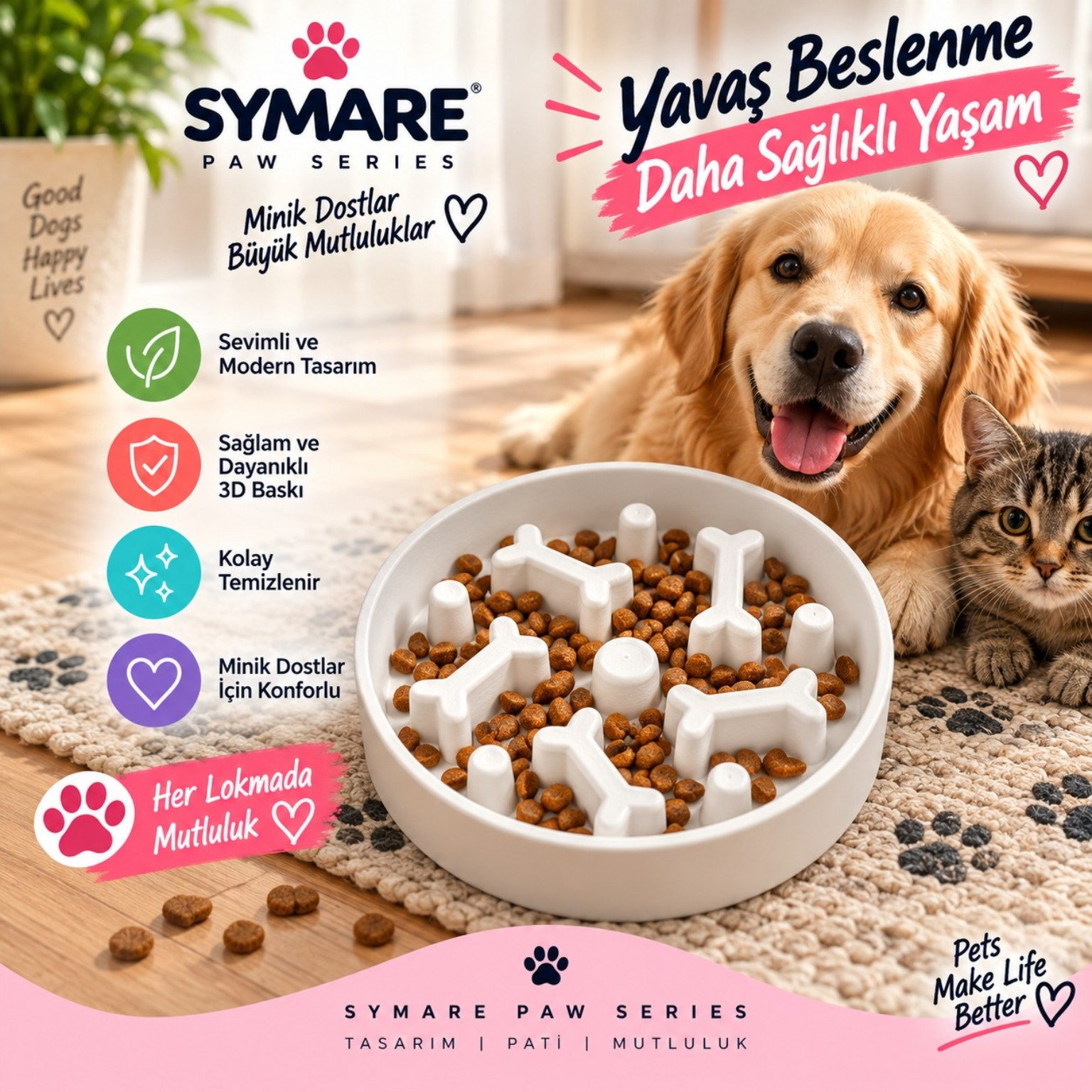 Kemik Detaylı Yavaş Beslenme Kabı - SYMARE Paw Series
